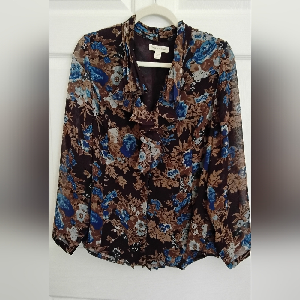 Coldwater Creek Brown and Blue Floral Ruffle-Front Blouse